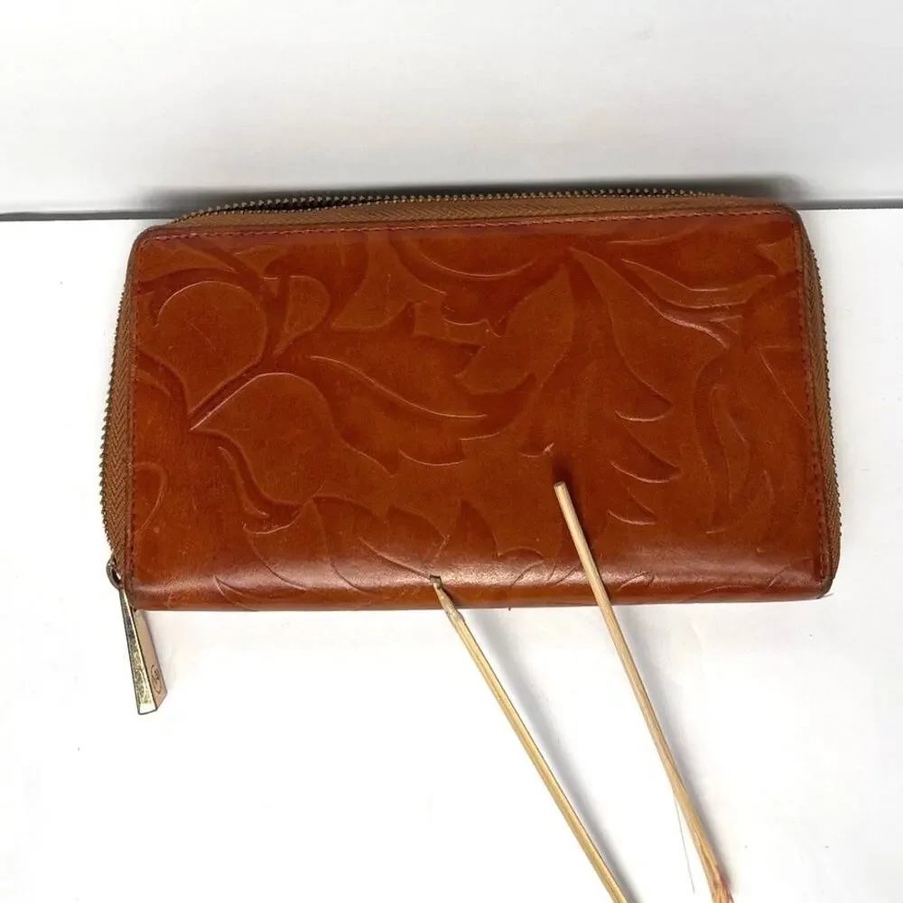 Valentina Italian Tulip Embossed Brown Leather Wallet Corner Zip Gold Hardware
